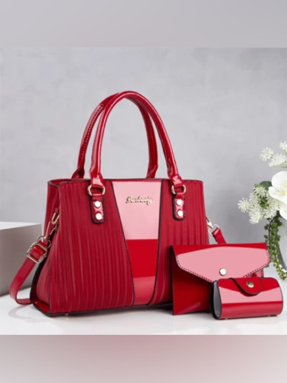 Red Patent Tote Bag Set with Matching Wallets - Women’s Glossy Handbag